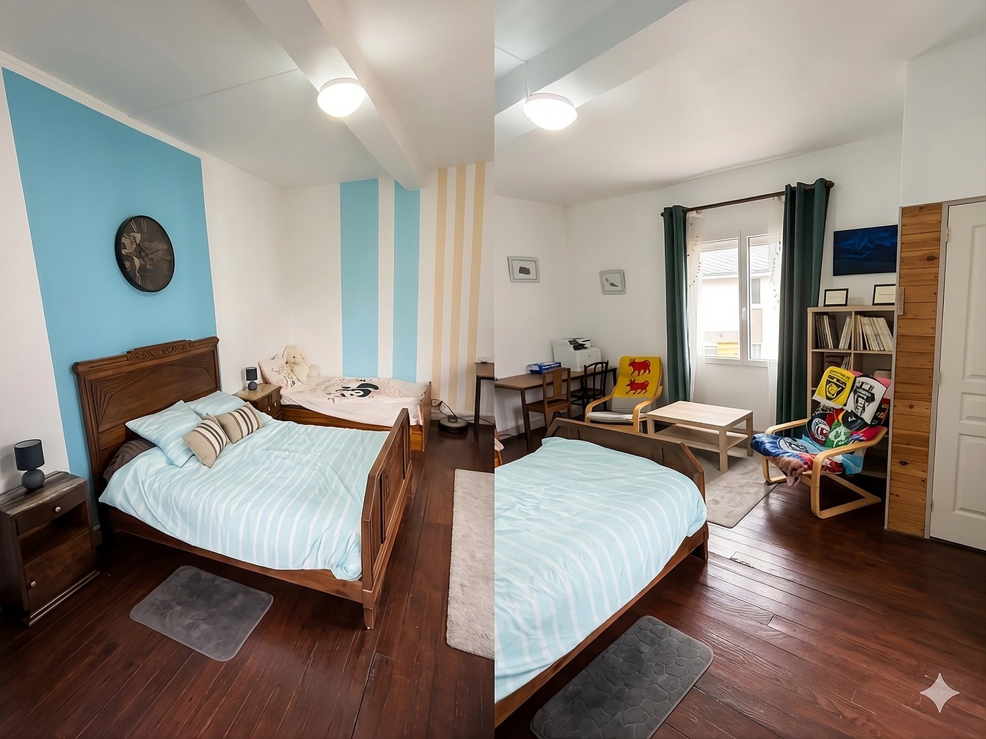 Chambre bleue avec deux lits et coin bureau