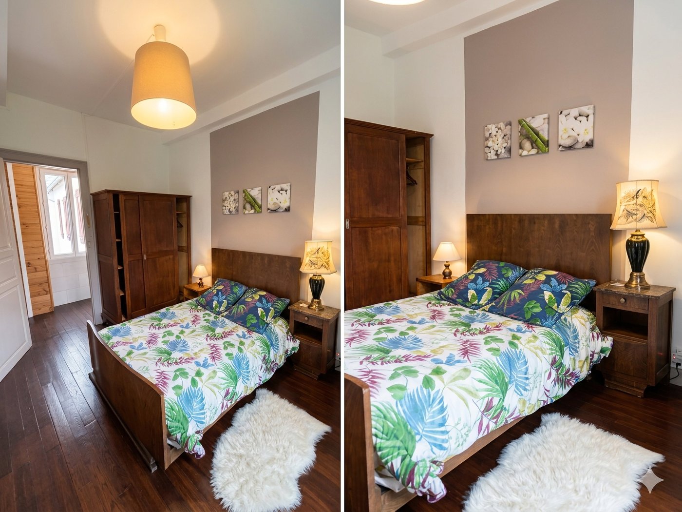 Chambre principale avec lit double, parquet et poutres bois