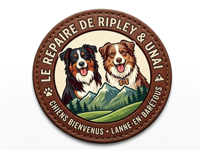 Logo Le Repaire de Ripley et Unaï — deux bergers australiens devant les Pyrénées
