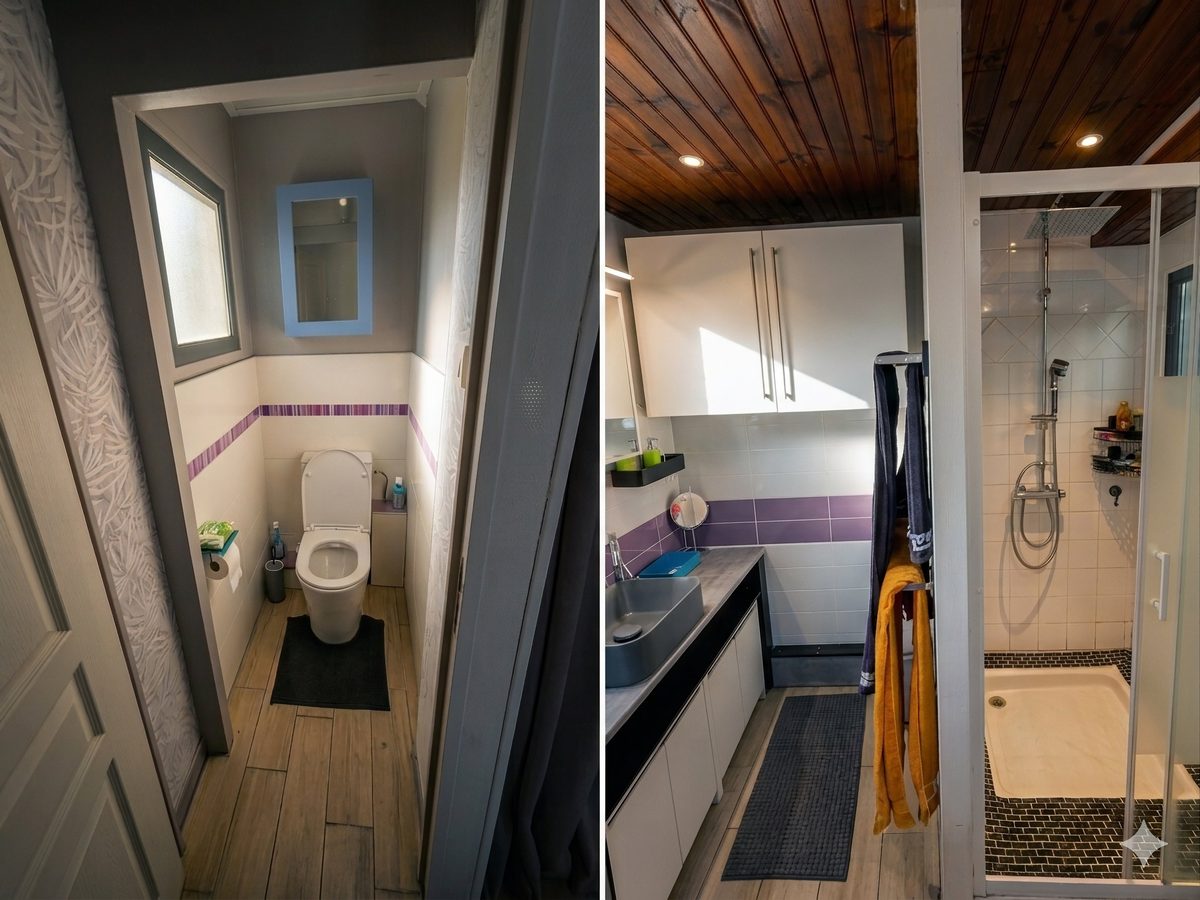 Salle de bain avec douche à l'italienne et plafond bois